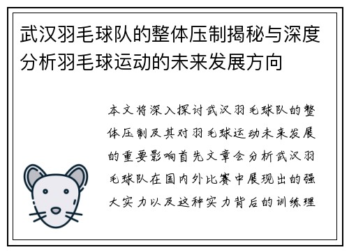 武汉羽毛球队的整体压制揭秘与深度分析羽毛球运动的未来发展方向